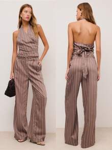 Nöista 条纹棕色上衣和裤子套装，露背吊带上衣搭配宽松长裤。女士休闲套装，春夏款式。 - 咖啡棕 - 查看 1