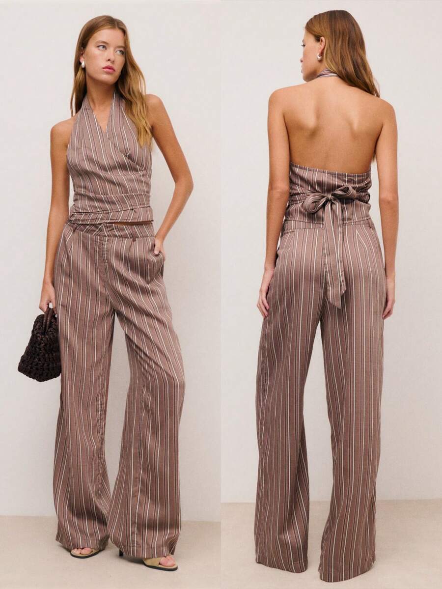 Nöista 条纹棕色上衣和裤子套装，露背吊带上衣搭配宽松长裤。女士休闲套装，春夏款式。 - 咖啡棕 - 查看 1