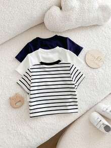 SHEIN Newborn Baby Girl Cute Casual Summer Knit Striped & Printed Short Sleeve T-Shirt, Multi-Color - Multicolor - View 2