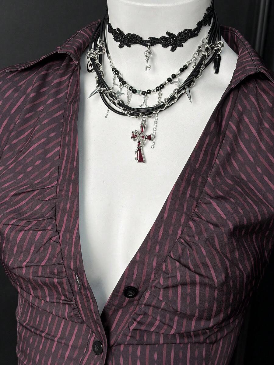 EgrlEra 休闲性感深V领条纹修身衬衫，夏季 - 彩色 - 查看 1