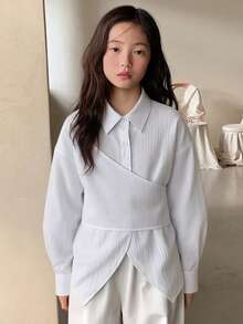 DAZY 少女翻领条纹长袖梭织衬衫，秋季款 - 紅色 - 查看 3