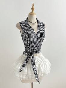 Elamini Criss-Cross Bow Tie Plaid Women Shirt - Blue and White - View 1