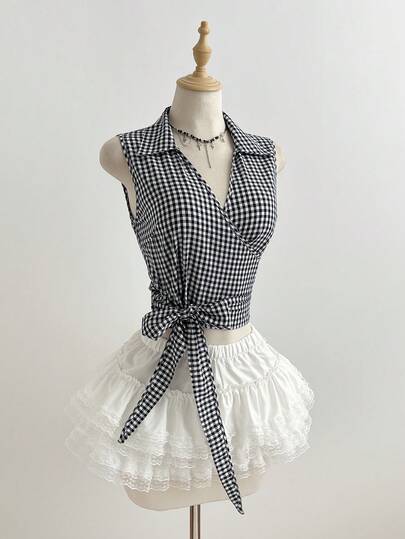 Elamini 交叉领结格子女式衬衫