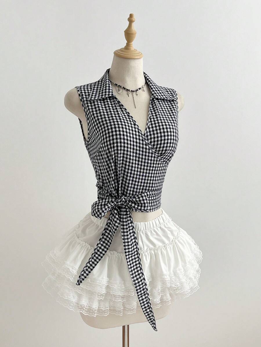 Elamini Criss-Cross Bow Tie Plaid Women Shirt - Blue and White - View 1