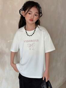 DAZY Tween Girls' Casual Bowknot & Letter Rhinestone Embellished Short Sleeve T-Shirt, Summer - White - View 3