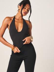 MISSGUIDED Women's Sleeveless Deep Plunge Halter Neck Backless Black Top With Tie Detail For Evening Party Occasions - Black - View 1