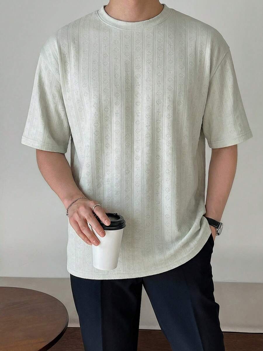DAZY 夏季绿色短袖纹理面料橄榄绿男士T恤 - 綠色 - 查看 1