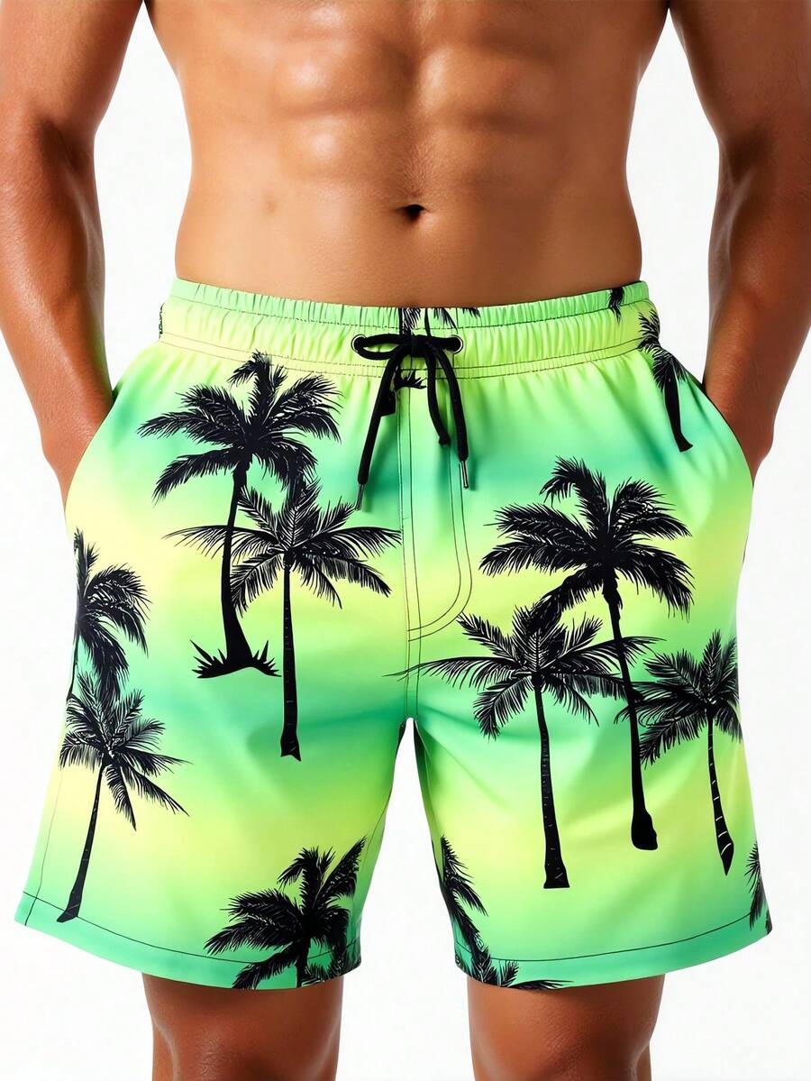 Surfspeed Men's Palm Tree Print Drawstring Waist Beach Shorts - Green - View 1