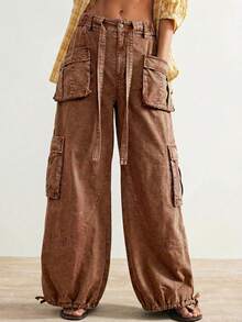 Bohemela Women's Casual Solid Color Woven Loose Drawstring Waist Low-Rise Wide Leg Pants - Brown - View 5