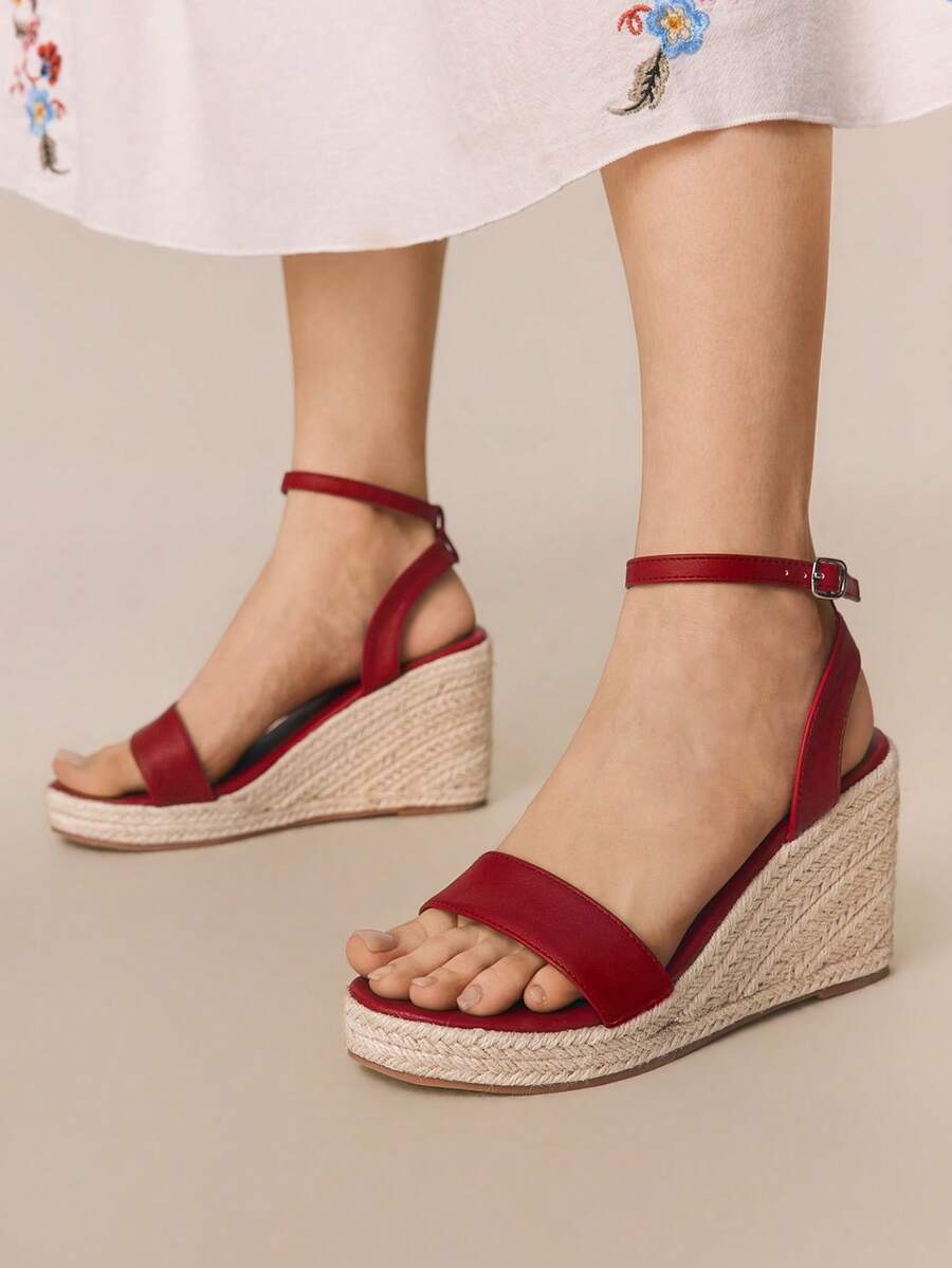 Styleloop Giày sandal đế xuồng buộc dây màu trơn đa năng dành cho nữ, thích hợp đi làm, đi nghỉ mát và du lịch. - Màu đỏ - Xem 1