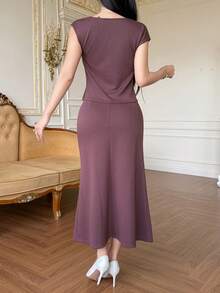 DAZY Women's Elegant Solid Color Draped Neck Tank Top And Straight Skirt 2-Piece Set, Summer - Purple - View 8