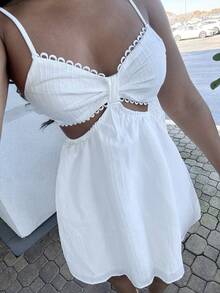 Alexandranx WYWH女款白色中空腰V領細肩度假裙，夏季 - 白色 - 查看 3