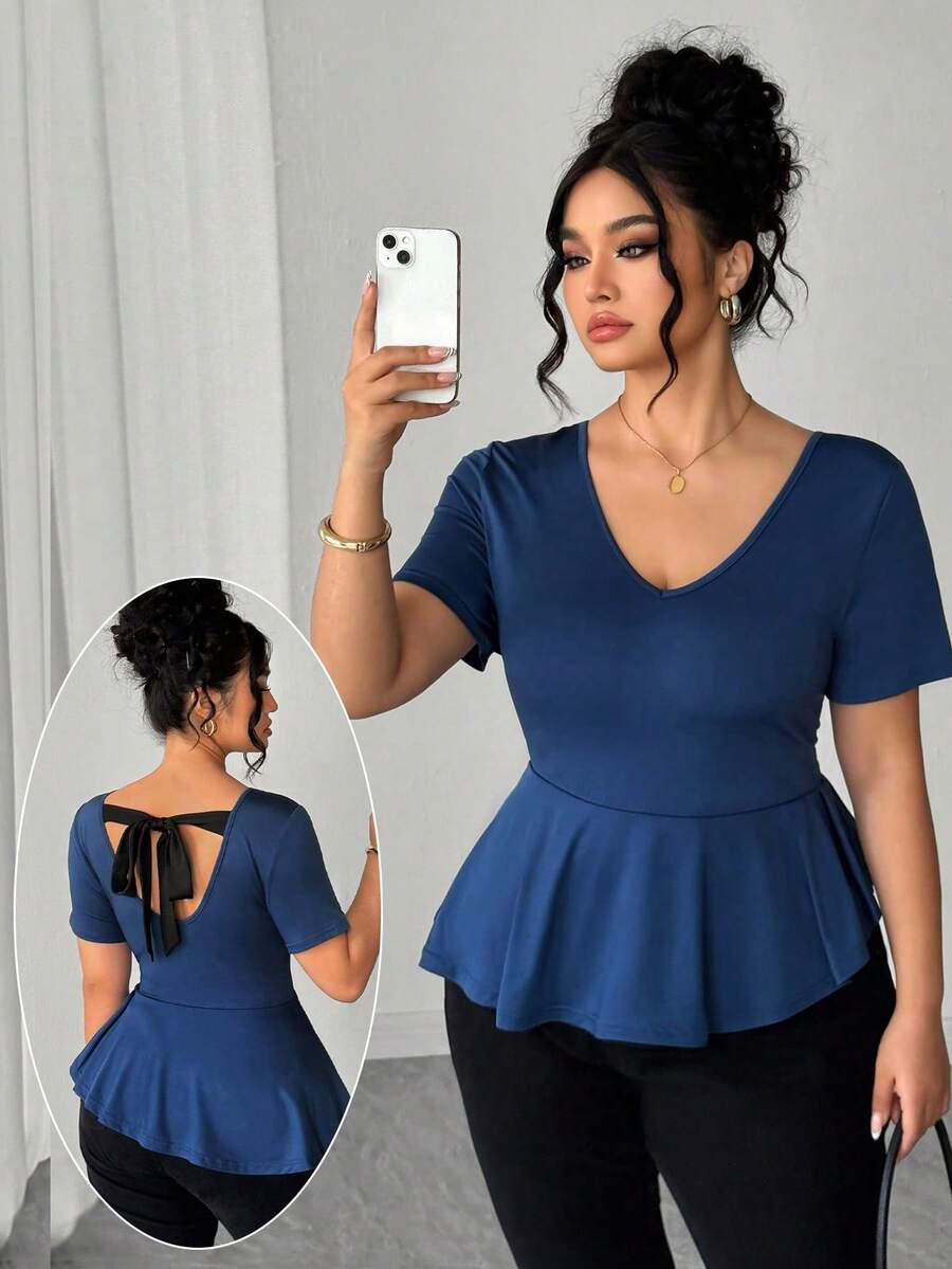 Elenzga Plus Size Navy Blue Summer Elegant Office Women Tops,V-Neck Bow ...