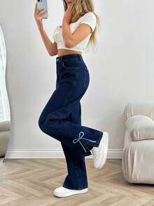 EURMUSE High Waist Regular Fit Casual Style Side Split Hem Detailed Dark Blue Raw Wash Button Front Straight Jean - Dark Wash - View 6