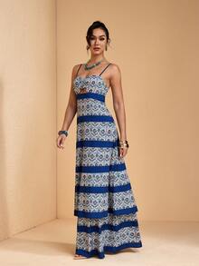 JIAN LASALA All-Over Print Spaghetti Strap Sleeveless Bustier Top Cutout A-Line Loose Women Maxi Dress Boho - Blue - View 3