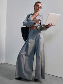 Hauture 女士长袖弹力衬衫，饰有精美装饰，性感摩登商务风 - 淺灰色 - 查看 2