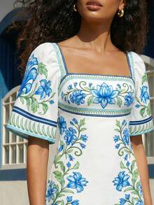 CAJUNI 女士方领碎花休闲收腰连衣裙，适合约会和派对 - 藍色 - 查看 5