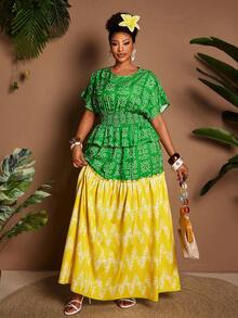 Maweii Vestido Longo Geométrico Camadas Plus Size Feminino, Adequado para Primavera/Verão - Multicolorido - Visão 5