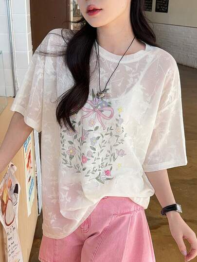 DAZY Women's Loose Round Neck Short Sleeve Textured Floral Print Casual T-Shirt