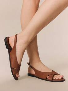 Styleloop Women's Shoes Buckle Crossed Trim Flat Sandals Holiday Travel Essential Boho Cowgirl Outfit Coachella - Brown - View 1