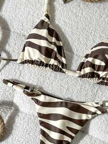 Swim Vcay Conjunto de bikini con collar de cuentas con estampado aleatorio para mujer, primavera/verano - Multicolor - Ver 5