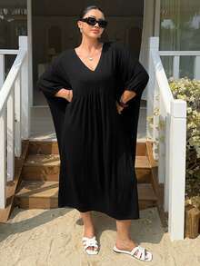 Dazy Plus V-Neck Solid Color Batwing Sleeve Long Plus Size Women Nightgown, Spring/Summer - Black - View 5