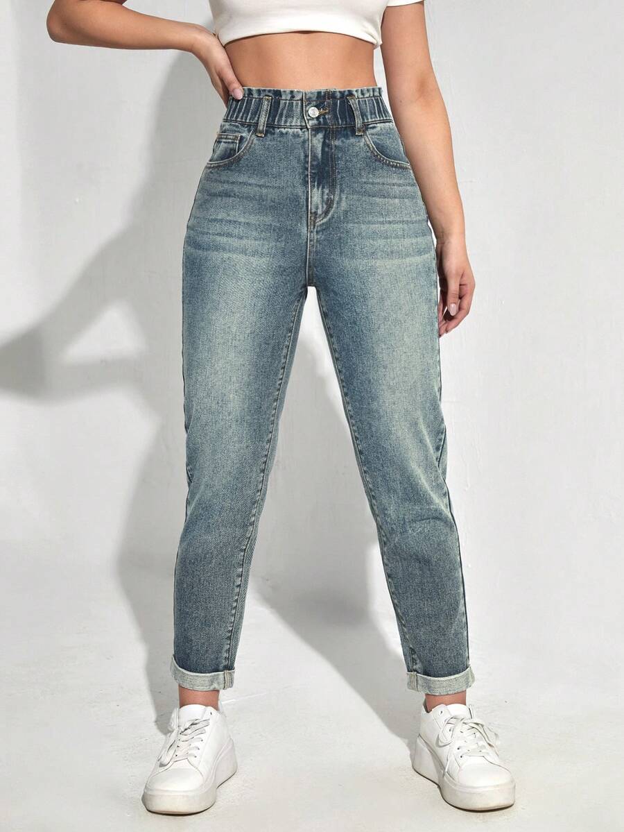 SHEIN EZwear 女士高腰口袋修身休闲百搭牛仔裤 - 藍色 - 查看 1