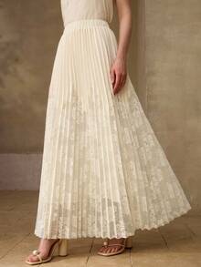 MOTF PREMIUM WOMEN'S CONTRAST LACE ELASTIC WAIST PLEATED DRESS - Apricot - View 1