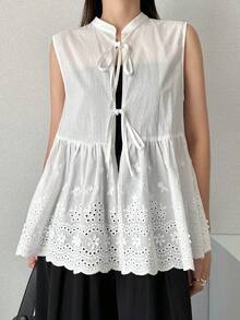FRIFUL Blusa sin mangas con volantes y lazo bordado para mujer - Blanco - Ver 4