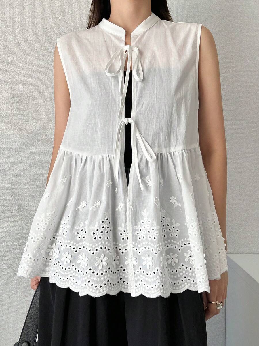 FRIFUL 女士刺绣系带荷叶边下摆无袖衬衫 - 白色 - 查看 1