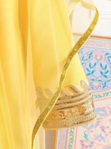 Tween Girl 2pcs Set Sequin Decor Middle Eastern Abaya And Dress - Yellow - View 7