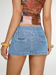 SHEIN PETITE Váy ngắn denim nhiều túi màu xanh nhạt thời trang mùa hè dành cho nữ. - Rửa nhẹ - Xem 2