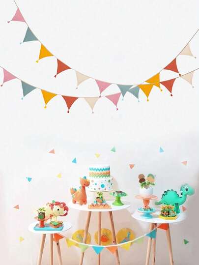 一套长款多色棉质流苏花环悬挂式布艺三角旗横幅，适用于婚礼、生日、婴儿派对装饰，彩色三角旗，室内外围栏、屋顶、房间、教室、花园、走廊、节日派对用品装饰