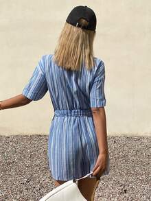 DAZY Women's Casual Striped Pocket Straight Leg Jumpsuit, Spring/Summer - Medium Wash - View 2