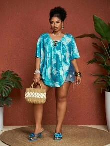 SHEIN CURVE+ 大码女式扎染印花抽绳短袖T恤，夏季 - 藍色 - 查看 6