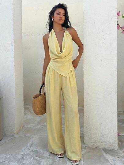 Aloruh 2-Piece Set: Elegant Minimalist Blended Linen Colorful Casual Business Outfit, Suitable For Spring/Summer Music Festivals, Easter, St. Patrick's Day, Western Style, Nomadic Style, Birthday Party, Graduation Ceremony, College Style, Student Wear, Daily Wear, Casual Wear, Vacation, Cruise Travel, Beach, Sunbathing, Bestseller, Streetwear, Wedding Guest Boho Style, Commuting, Brunch, Airport Fashion, With Asymmetric Knot Design Brown Textured Cropped Top And Wide-Leg Linen Pants