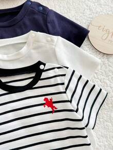 SHEIN Newborn Baby Girl Cute Casual Summer Knit Striped & Printed Short Sleeve T-Shirt, Multi-Color - Multicolor - View 5