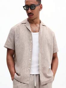 SUMWON Conjunto informal de verano de camisa de manga corta con botones y pantalón corto con cordón a juego, hecho de tela con sensación de lino. Conjunto de pantalón corto de lino, conjunto de pantalón corto, conjunto de atuendos de verano - Caqui - Ver 3
