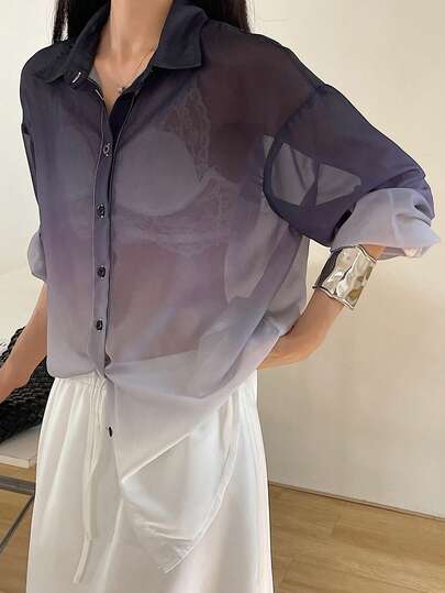 DAZY 女士渐变色翻领宽松长袖优雅都市休闲开襟衬衫