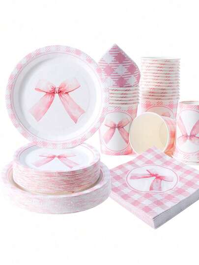 Disposable Bowknot And Checkered Pattern Plates, Napkins, And Cups, Perfect For Parties With Bowknot-Themed Plates, Napkins, And Cups. Suitable For Up To 25 Guests. These Disposable Party Supplies Are Ideal For Birthdays, Weddings, And Family Picnics