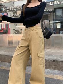 DAZY 女士口袋纽扣休闲百搭日常穿着阔腿牛仔裤 - 杏色 - 查看 4