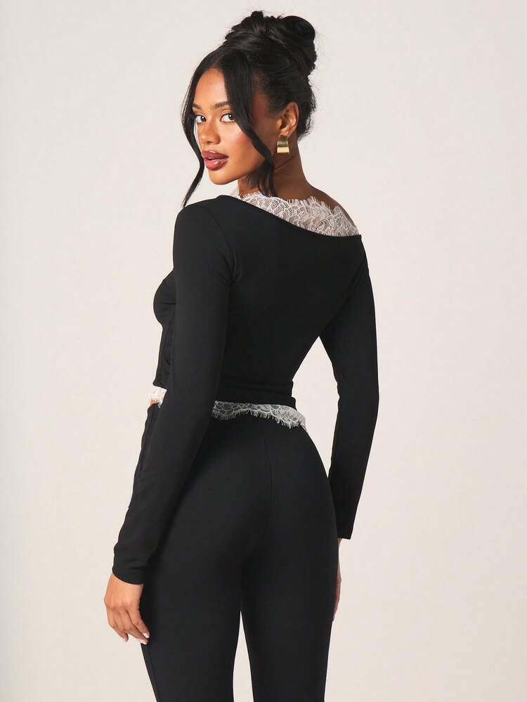 MISSGUIDED Women Asymmetrical Off Shoulder Long Sleeve Top With Delicate White Lace Trim Detail Elegant Evening Blouse Fall Winter Fashion