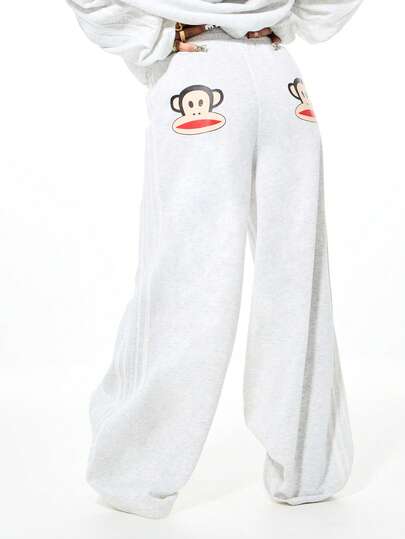 SUMWON X PAUL FRANK SUMWON WOMEN Women's Oversized Jogger Sweatpants With Monkey Character Graphic Print Relaxed Fit Wide Leg Casual Loungewear Bottoms Fall Winter Comfort Pants