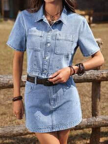 Breezaya Áo khoác denim nữ tay ngắn cài một hàng khuy, có túi, thêu họa tiết. - Màu xanh lam - Xem 7