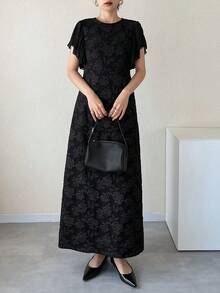 FRIFUL Đầm dài thanh lịch cổ tròn tay bồng họa tiết hoa jacquard dành cho nữ - màu đen - Xem 3