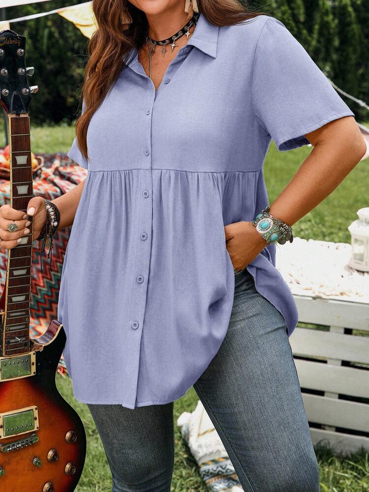 Short Sleeve Blue Button-Up Shirt, Casual Vacation Shirt With Longer Back, Plus Size, Suitable For Spring & Summer
