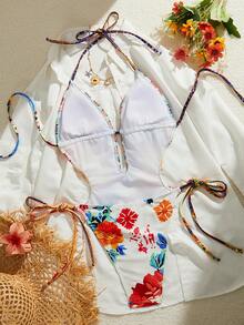 Swim Vcay 女士印花挂脖系带连体泳衣，适合海滩度假、泳池派对、沙滩派对 - 彩色 - 查看 7