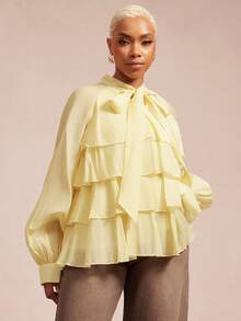Vixey Sheer Textured Chiffon Tiered Peplum Hem Balloon Sleeve Scarf Top - Yellow - View 1