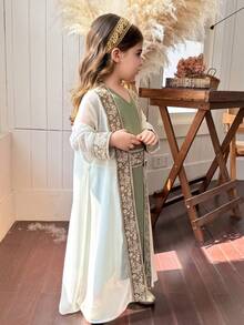 Dazy Kids Young Girl Floral Print Long Sleeve Robe And Sleeveless Dress Set - Green - View 3