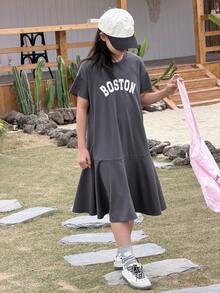 DAZY Tween Girls Round Neck Letter Print Short Sleeve Knit Dress, Fall - Grey - View 2